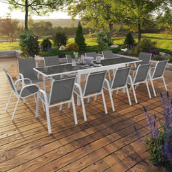 IDMARKET Salon de jardin MADRID table extensible 135-270 CM et 12 chaises empilables blanc et gris