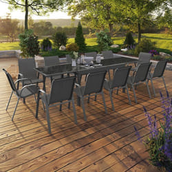 IDMARKET Salon de jardin MADRID table extensible plateau gris 135-270 CM et 12 chaises empilables gris anthracite