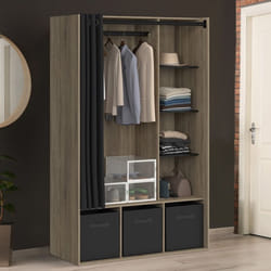 IDMARKET Dressing penderie DIANE 105 x 45 x 167 cm hêtre avec étagères + boites de rangement + rideau noir