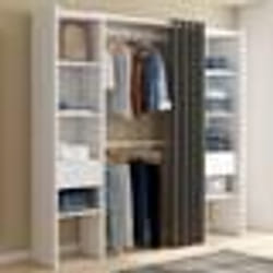 IDMARKET Dressing extensible double MERYL 120/180 x 50 x 180 cm blanc avec étagères + double penderie + rideau gris