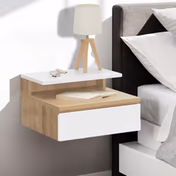 IDMARKET Lot de 2 tables de chevet murales TOMI 1 tiroir + 1 tablette étagère suspendue + 1 tablette façon hêtre et blanc