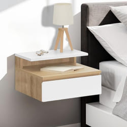 IDMARKET Lot de 2 tables de chevet murales TOMI 1 tiroir + 1 tablette étagère suspendue + 1 tablette façon hêtre et blanc