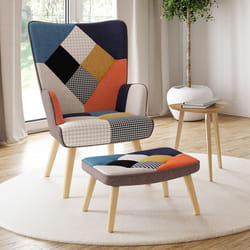 IDMARKET Fauteuil scandinave IVAR avec repose pieds en tissu patchwork multicouleurs et imprimé pied de poule