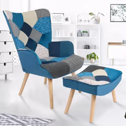 IDMARKET Fauteuil scandinave IVAR avec repose pieds en tissu patchwork et velours bleu