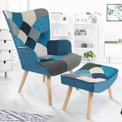 IDMARKET Fauteuil scandinave IVAR avec repose pieds en tissu patchwork et velours bleu