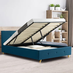 IDMARKET Lit coffre double scandinave LULEA avec tête de lit et sommier 140 x 190 cm tissu bleu canard