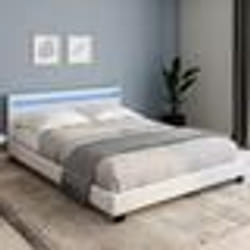 IDMARKET Lit double NEO avec tête de lit LED intégrées et sommier 160 x 200 cm PVC blanc