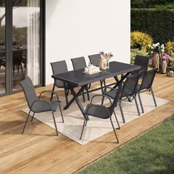 IDMARKET Salon de jardin SANTORIN table 190 cm pieds en croix et 8 chaises empilables gris anthracite