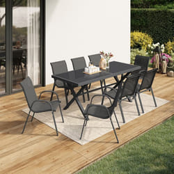 IDMARKET Salon de jardin SANTORIN table 190 cm pieds en croix et 8 chaises empilables gris anthracite