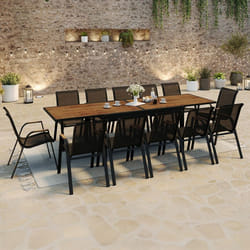 ID MARKET Ensemble table 135-270 cm extensible et 12 chaises chaises NOUMEA noir et bois empilable