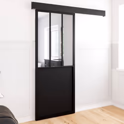 IDMARKET Kit porte coulissante verrière 83 cm en métal + MDF avec rail et fixations