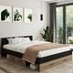 IDMARKET Lit double MINEA avec tiroirs + niches de rangement + tête de lit et sommier 140 x 190 cm façon hêtre et noir
