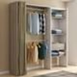IDMARKET Dressing extensible MARTY 120/170 x 50 x 180 cm blanc avec étagères hêtre + double penderie + rideau taupe