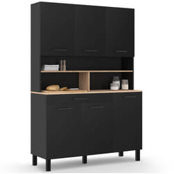 Buffet de cuisine 120 cm cina 6 portes + tiroir noir et plateaux façon hêtre