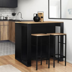 IDMARKET Ensemble table de bar îlot JUNO bois noir avec plateau façon hêtre et 2 tabourets de bar DETROIT