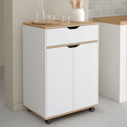 IDMARKET Desserte de cuisine COSY placard avec tiroir bois blanc et plateaux façon hêtre L.60 CM