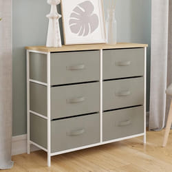 IDMARKET Commode 6 tiroirs en tissu ALTA 80 cm gris clair et plateau effet bois design industriel