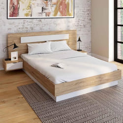 IDMARKET Lit double SANTA avec tête de lit + tables de chevet intégrées et sommier 140 x 190 cm bois et blanc