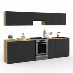 Cuisine complète casserolier 300 cm subtil avec plan de travail 9 éléments bois et noir