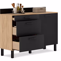 Buffet bas casserolier de cuisine 120 cm cina plan de travail H.83 cm 1 porte + 3 tiroirs façon hêtre et noir
