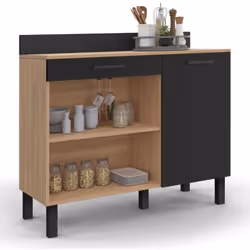Buffet bas de cuisine 100 CM CINA plan de travail H.83 cm 1 porte + 1 tiroir façon hêtre et noir