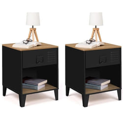 IDMARKET Lot de 2 tables de chevet ESTER 1 tiroir métal noir avec niche et plateau façon hêtre design industriel