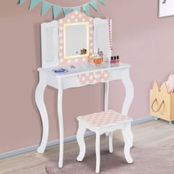 IDMARKET Coiffeuse enfant ROZA LED blanche et rose avec 3 miroirs et tabouret