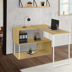 IDMARKET Bureau dangle rotatif 180° DETROIT étagère forme S design industriel bois et métal blanc