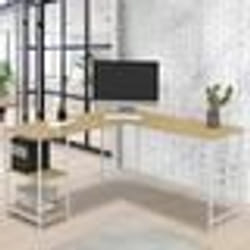 IDMARKET Bureau dangle en forme de L DETROIT design industriel bois et métal blanc