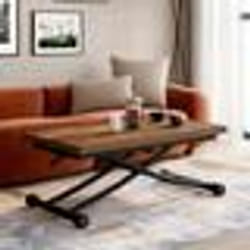 IDMARKET Table basse extensible relevable en table à manger rectangulaire URBANA plateau bois foncé pied noir design industriel