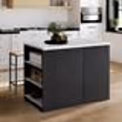 IDMARKET Ilot central TIBO 120 cm bois noir avec plan de travail effet marbre ALASKA
