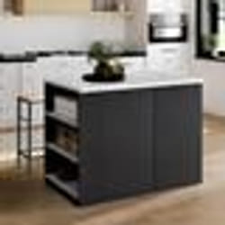 IDMARKET Ilot central TIBO 120 cm bois noir avec plan de travail effet marbre ALASKA