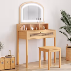 IDMARKET Coiffeuse EDHEN avec miroir LED 1 tiroir 3 niches et tabouret cannage et bois