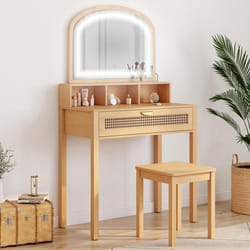 IDMARKET Coiffeuse EDHEN avec miroir LED 1 tiroir 3 niches et tabouret effet cannage naturel et bois