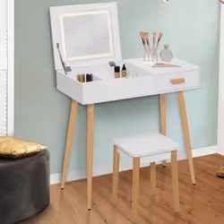 IDMARKET Coiffeuse scandinave LISA blanche miroir rabattable LED et tabouret