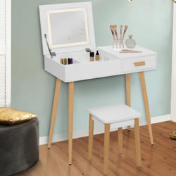 IDMARKET Coiffeuse scandinave LISA blanche miroir rabattable LED et tabouret