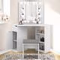 IDMARKET Coiffeuse dangle ZELIA blanche 3 miroirs LED 3 étagères 1 tiroir 1 caisson de rangement et tabouret