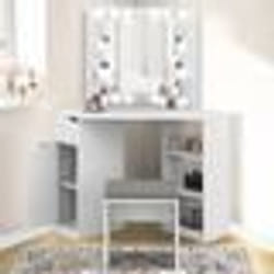 IDMARKET Coiffeuse dangle ZELIA blanche 3 miroirs LED 3 étagères 1 tiroir 1 caisson de rangement et tabouret