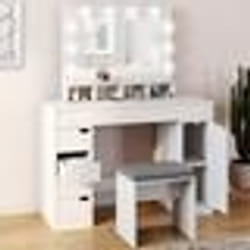 IDMARKET Coiffeuse ZELIA blanche miroir LED avec 4 niches 5 tiroirs 1 caisson de rangement et tabouret rembourré