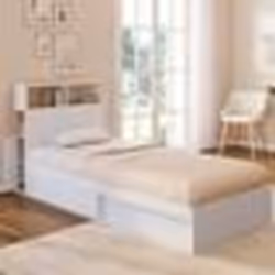 IDMARKET Lit simple CLEM avec rangement tête de lit et sommier 90 x 190 cm blanc et hêtre