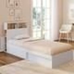 IDMARKET Lit simple CLEM avec rangement tête de lit et sommier 90 x 190 cm blanc et hêtre