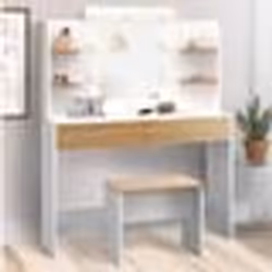 IDMARKET Coiffeuse ZELIA blanc et hêtre table de maquillage 4 étagères miroir LED et tabouret