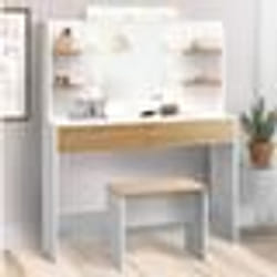 IDMARKET Coiffeuse ZELIA blanc et hêtre table de maquillage 4 étagères miroir LED et tabouret