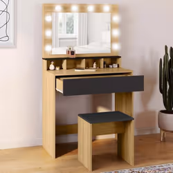 IDMARKET Coiffeuse ZELIA hêtre et noir miroir LED avec 4 niches 1 tiroir et tabouret