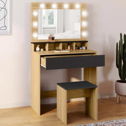 IDMARKET Coiffeuse ZELIA hêtre et noir miroir LED avec 4 niches 1 tiroir et tabouret