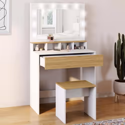 IDMARKET Coiffeuse ZELIA blanc et hêtre miroir LED avec 4 niches 1 tiroir et tabouret