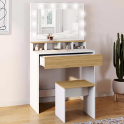 IDMARKET Coiffeuse ZELIA blanc et hêtre miroir LED avec 4 niches 1 tiroir et tabouret