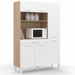 Buffet de cuisine avec colonne de rangement 120 cm cina 6 portes + tiroir façon hêtre et blanc