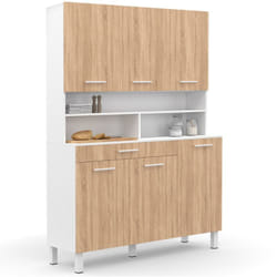 Buffet de cuisine 120 cm cina 6 portes + tiroir blanc et façon hêtre