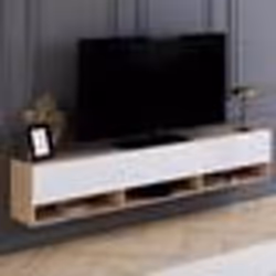 IDMARKET Meuble TV 180 cm suspendu ELIO 2 portes avec étagère bois et blanc